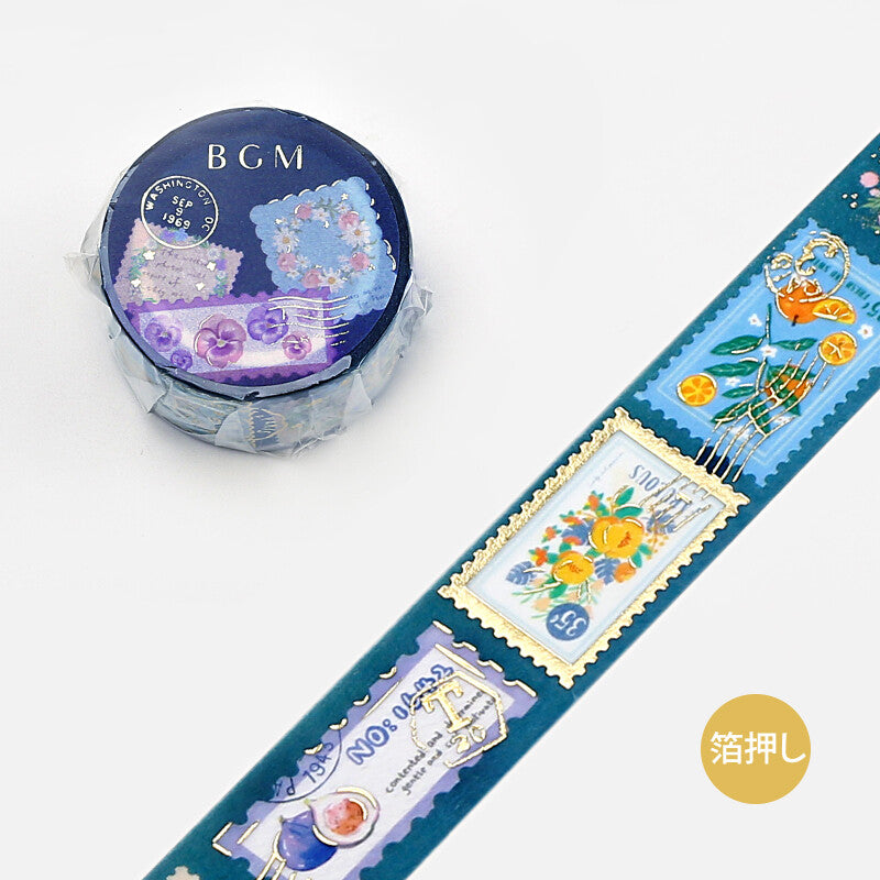 BGM washi tape with purple-blue flower and fruit stamps