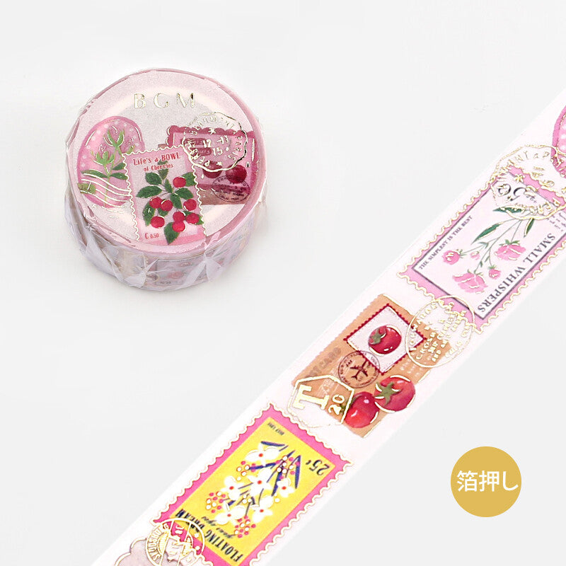 BGM washi tape featuring pink-toned floral and fruit stamps
