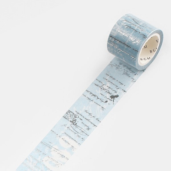 BGM washi tape with foiled handwritten text and ink splashes on blue