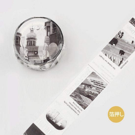 Collage style BGM washi tape featuring black and white photos