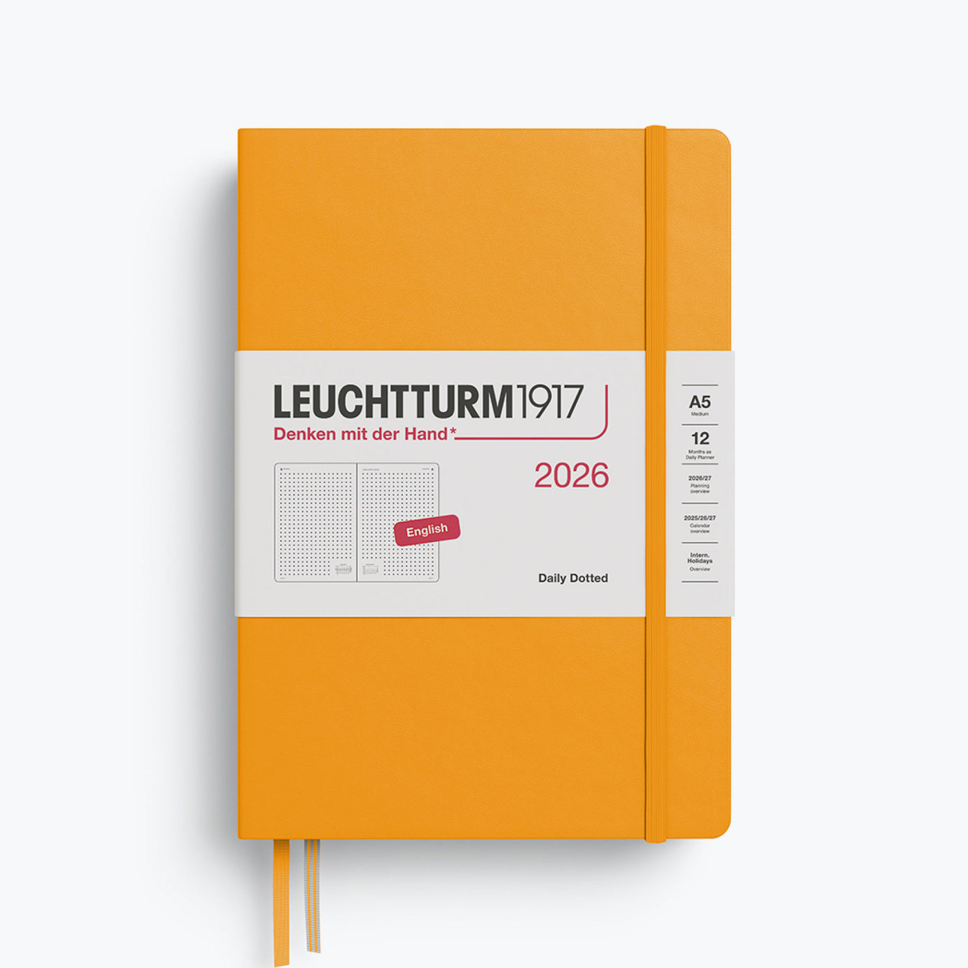 Front of the Leuchtturm1917 a5 dotted 2026 daily diary in sun yellow colour