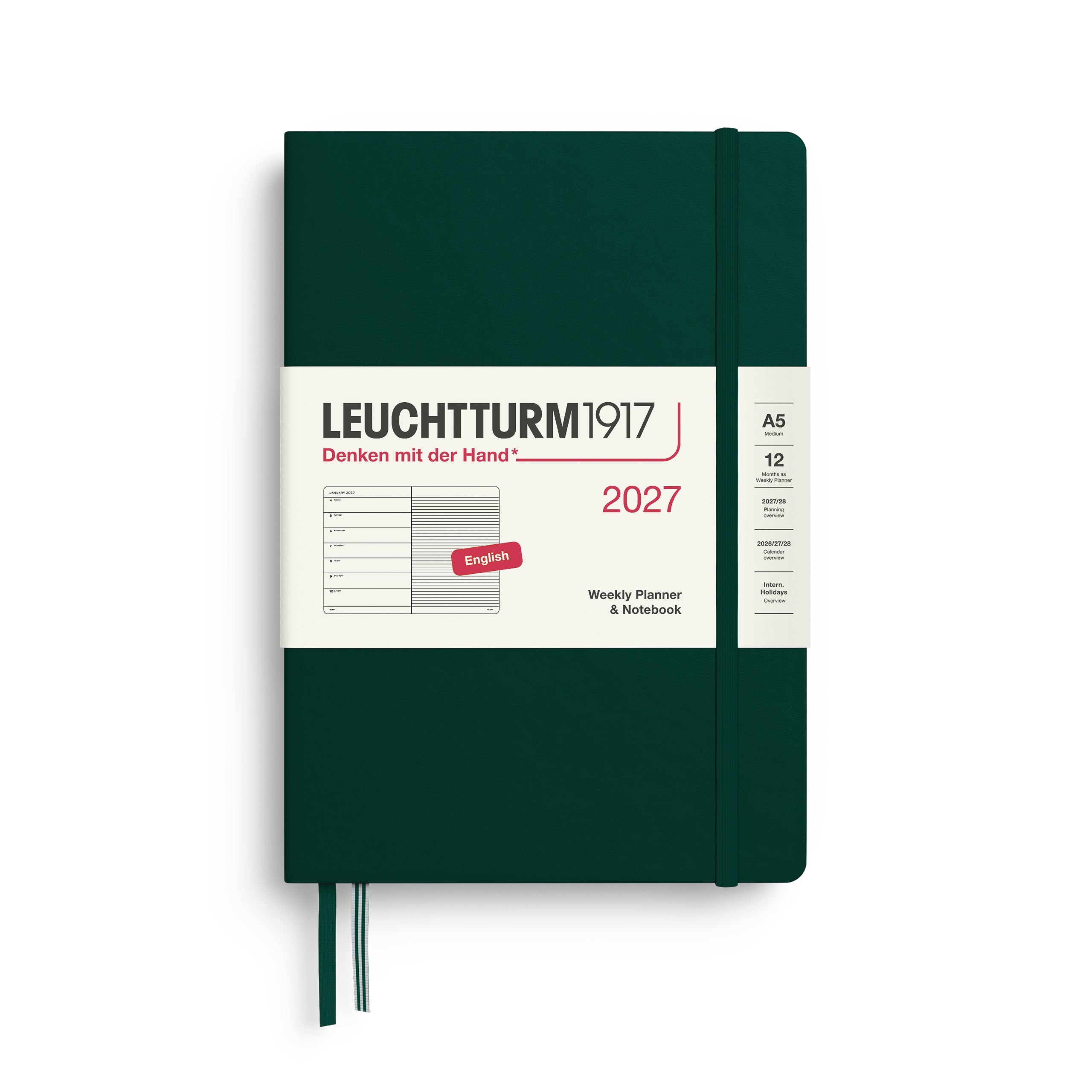 Leuchtturm1917 2027 A5 Forest Green Weekly Notebook diary, hardcover