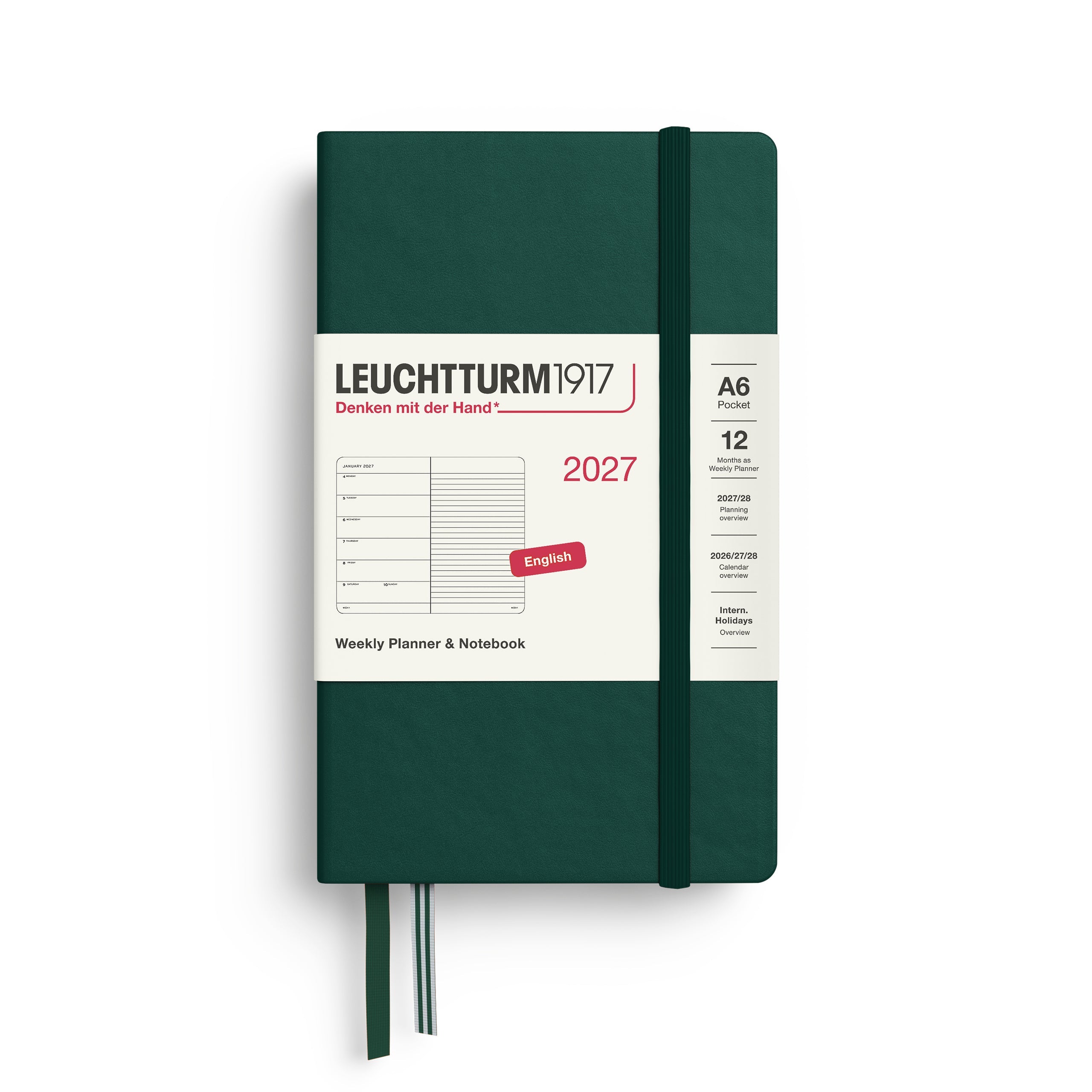 Leuchtturm1917 2027 A6 Forest Green Weekly Notebook diary, hardcover