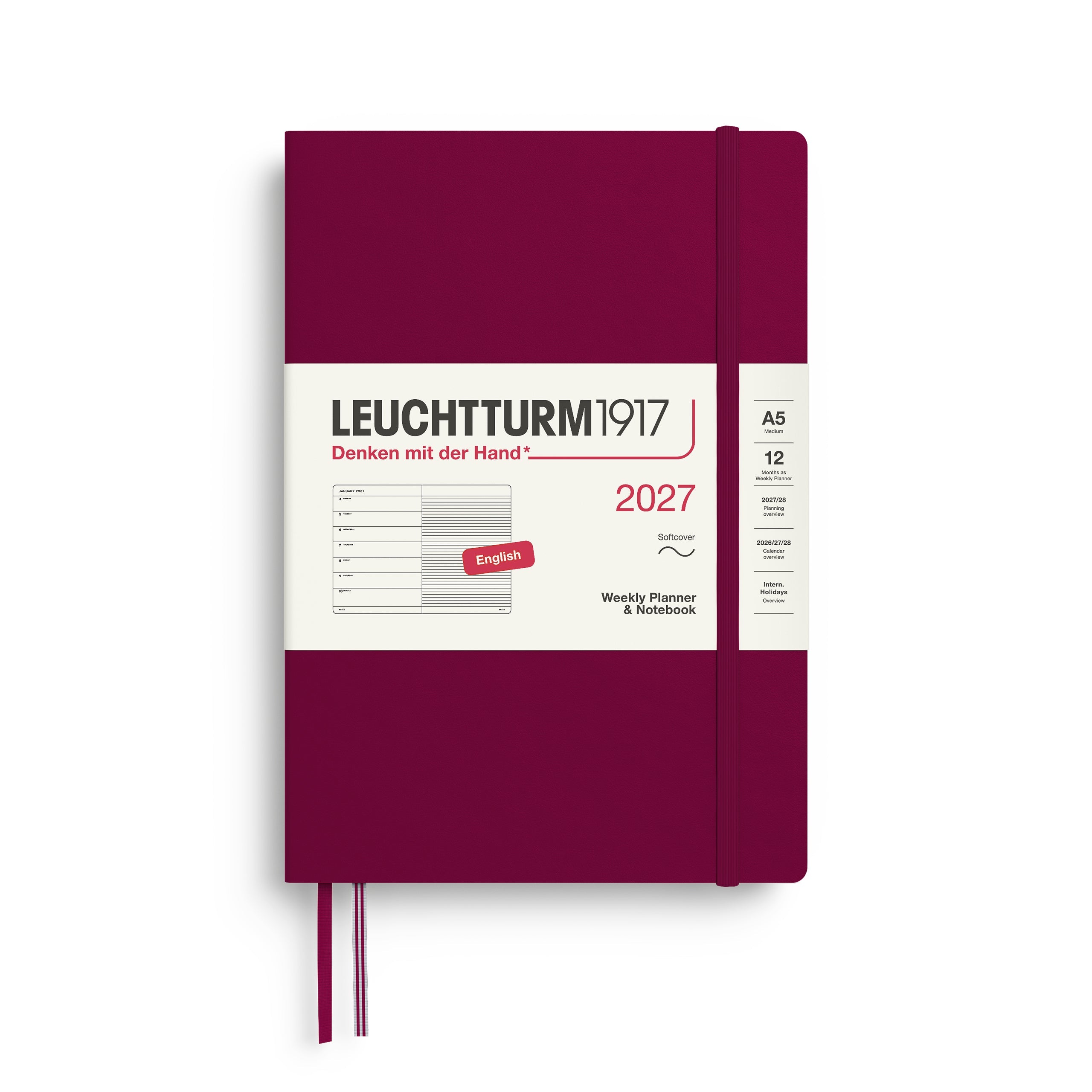 Leuchtturm1917 2027 A5 Port Red Weekly Notebook diary, softcover