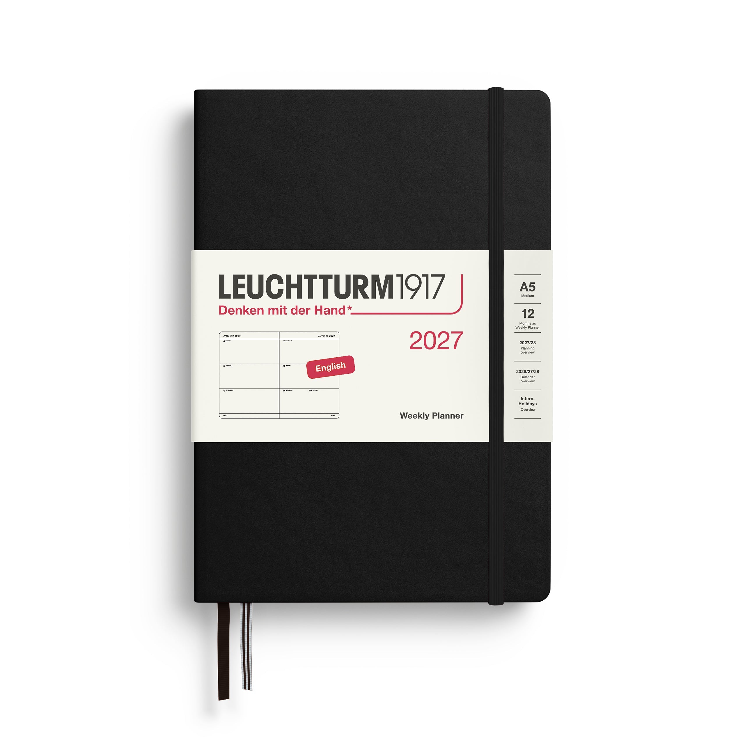 Leuchtturm1917 2027 A5 Black Weekly Planner diary, hardcover