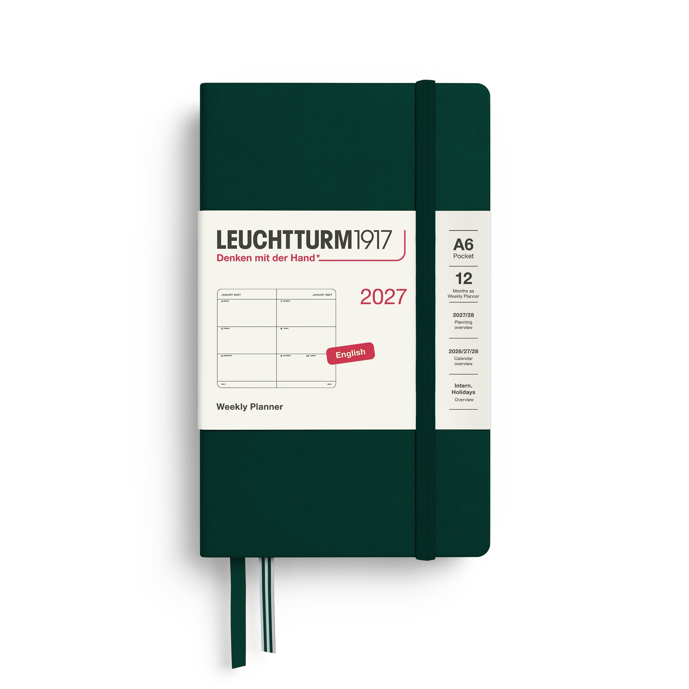 Leuchtturm1917 2027 A6 Forest Green Weekly Planner diary, hardcover