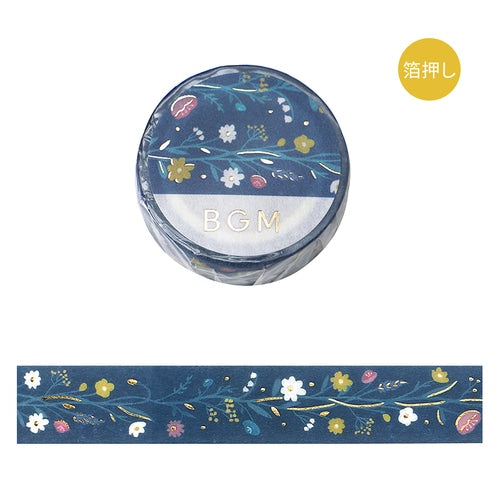 BGM washi tape with small flowers on a blue background