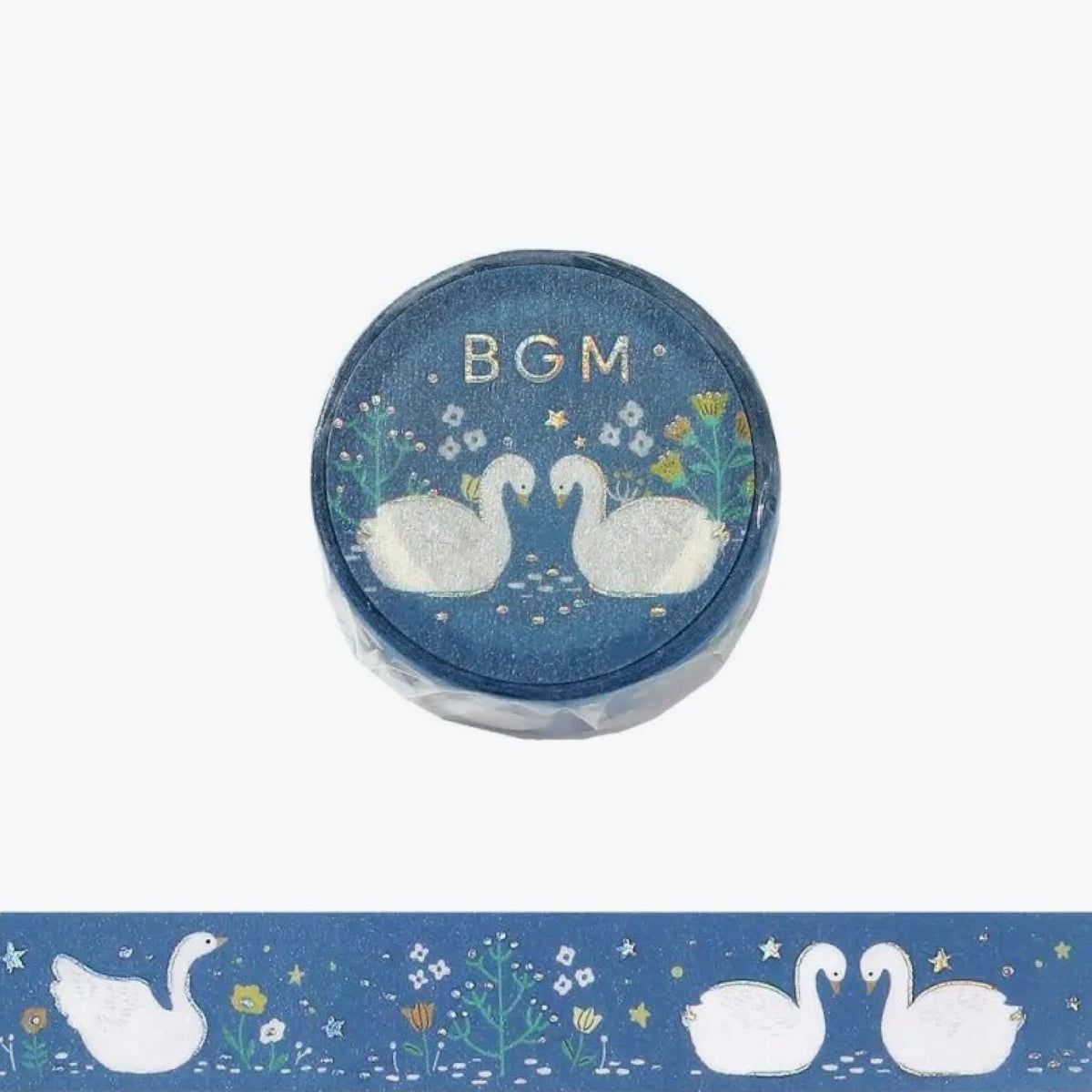 BGM washi tape with swans on blue background