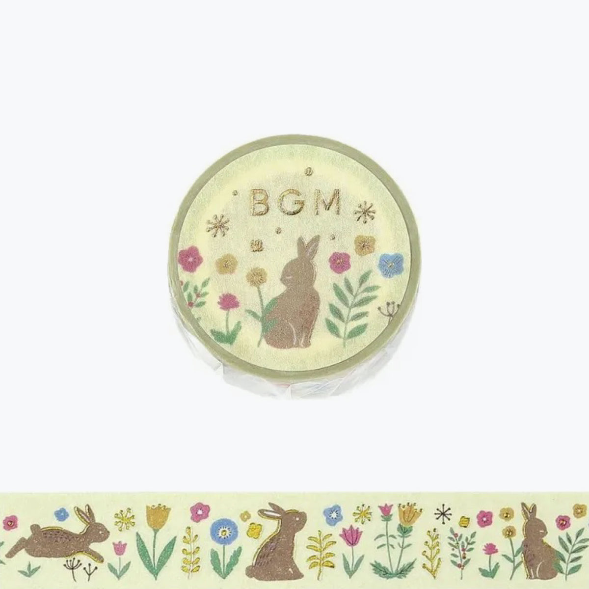 BGM washi tape with rabbits and flowers on a yellow background