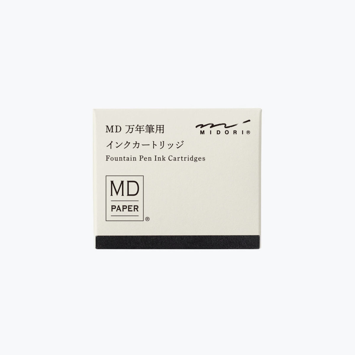 Fron of the box of Midori MD fountain pen ink cartridges in black