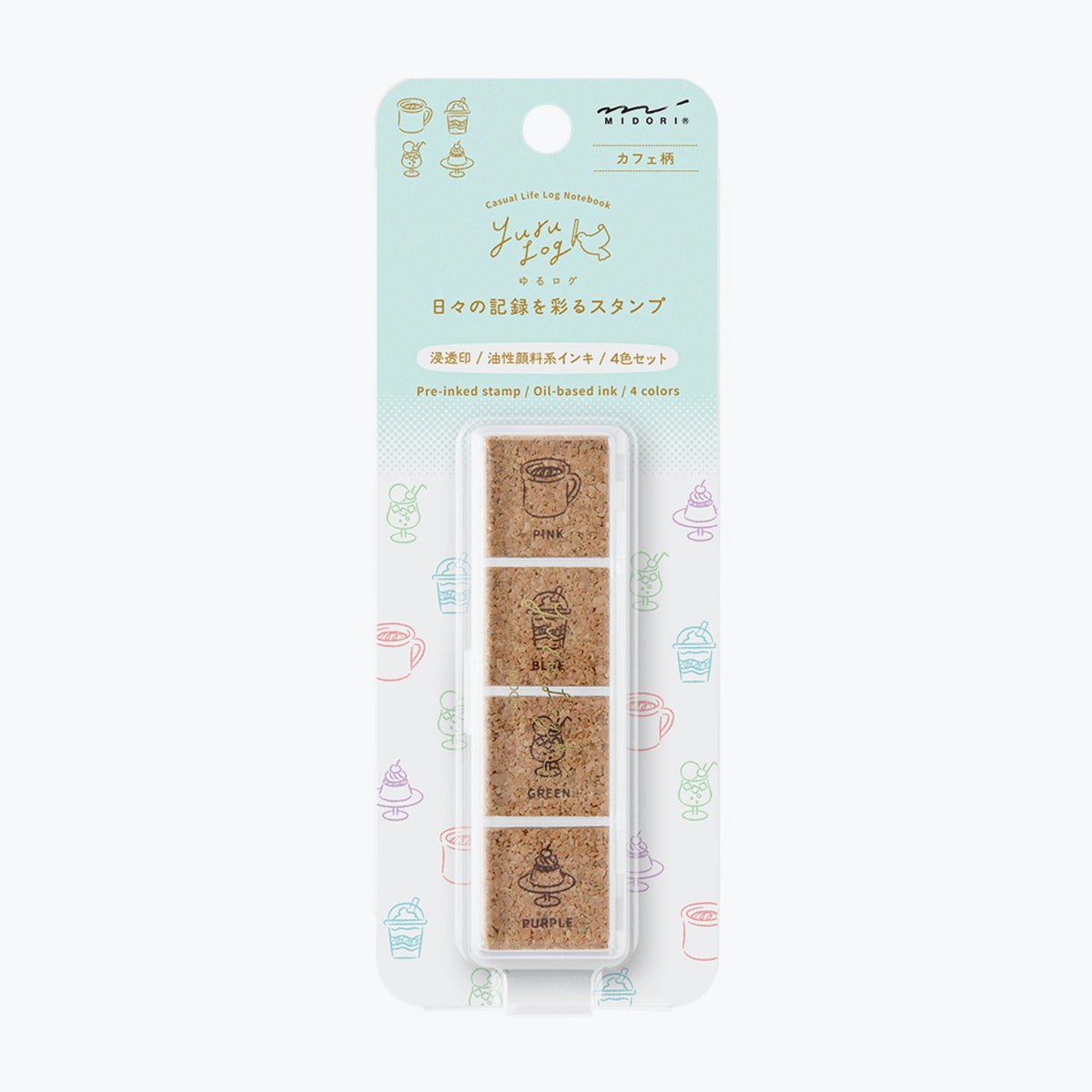 Midori Yuru Log pre-inked stamp - 4 cafe designs