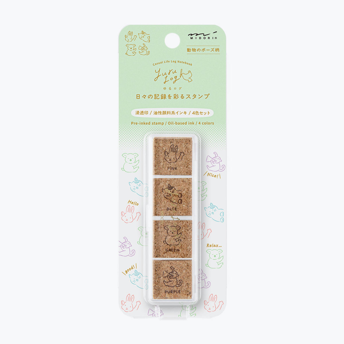 Midori Yuru Log pre-inked stamp with cute animal designs