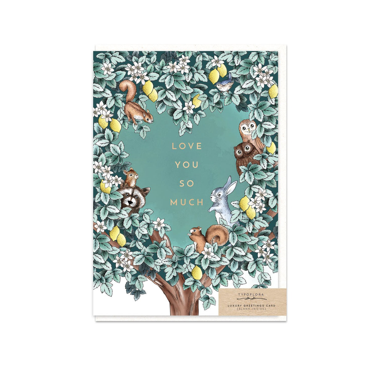Typoflora card with 'Love you so much' message and woodland animals