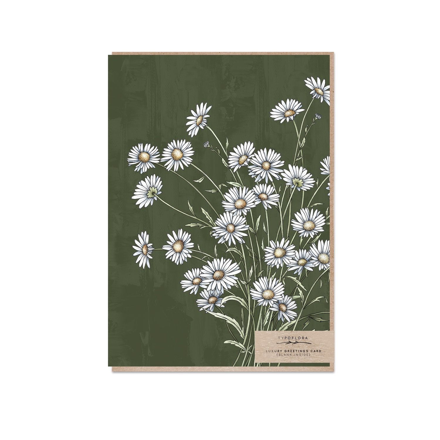 Typoflora greeting card with daisies against a deep green background printed on the front