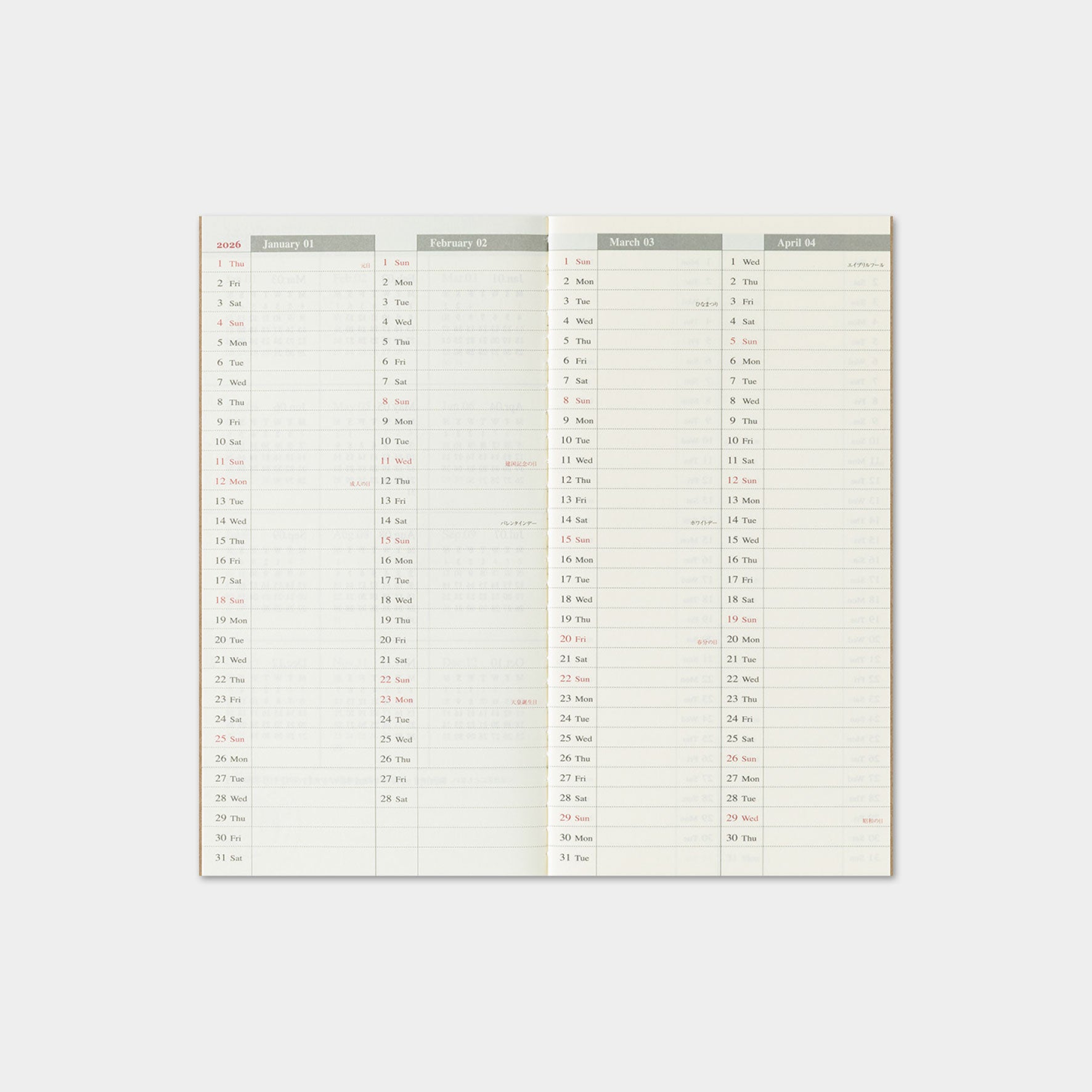 Traveler's Company - 2026 Diary - Insert - Regular - Weekly Vertical