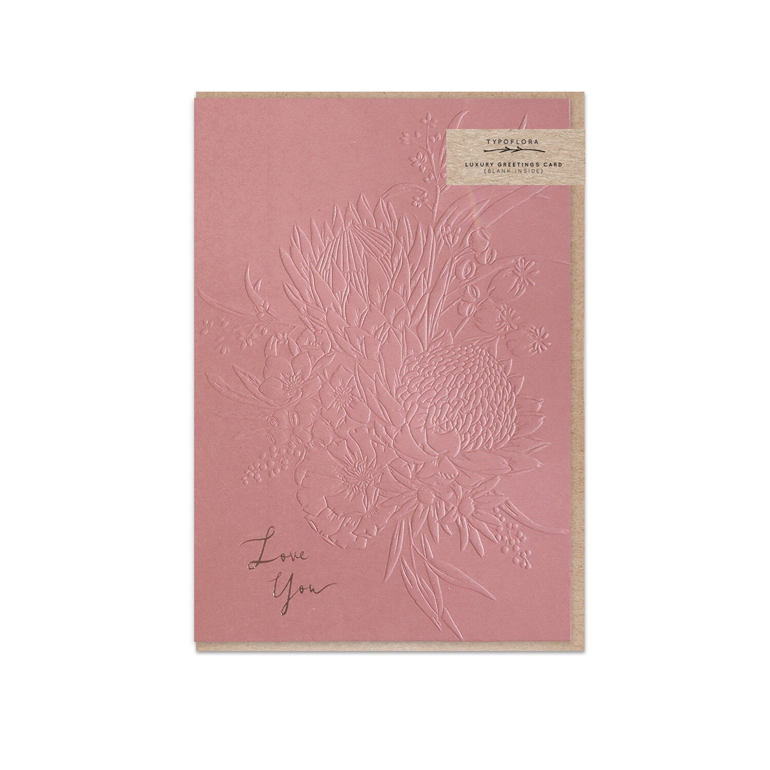 Pink Typoflora card featuring a 'Love you' message and embossed flower design on the front
