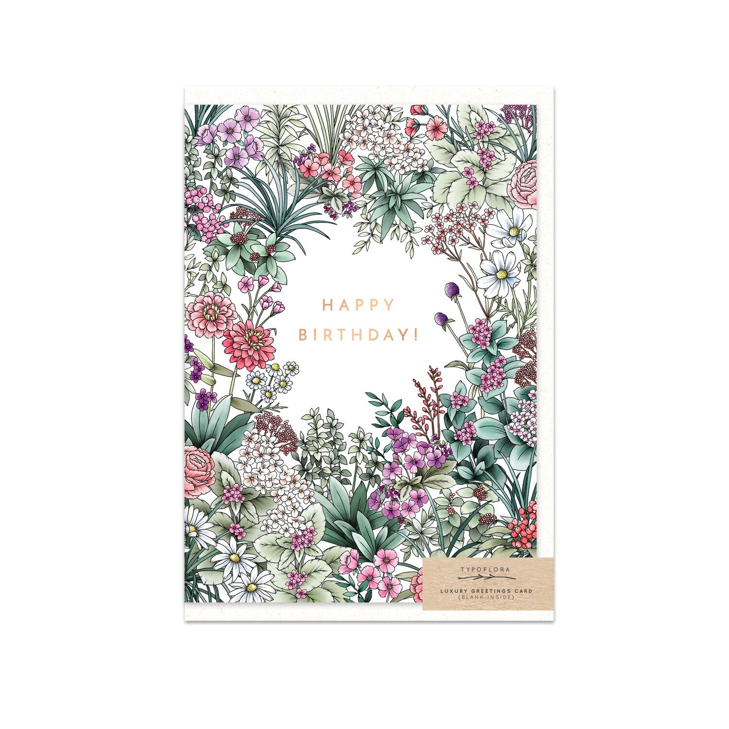 Typoflora card featuring pink field flowers and 'Happy birthday' message on the front