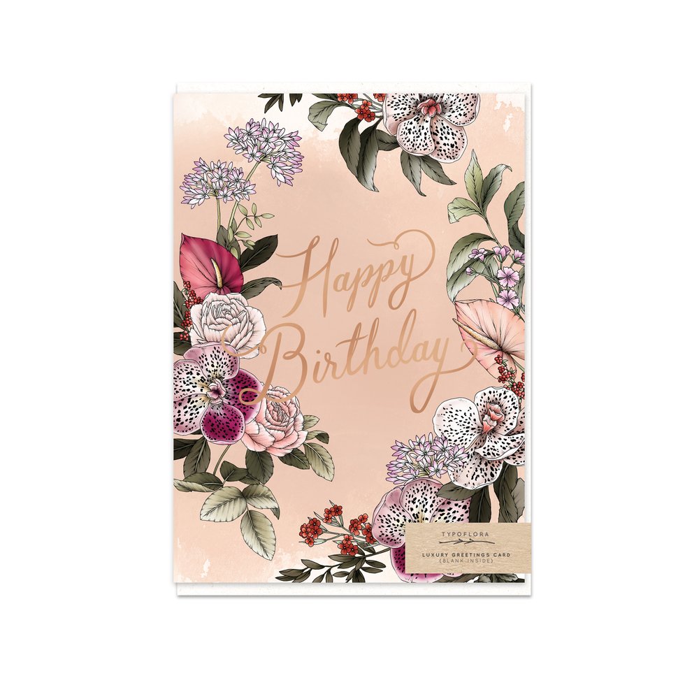 Typoflora card featuring orchid flowers and a 'Happy birthday' text on the front