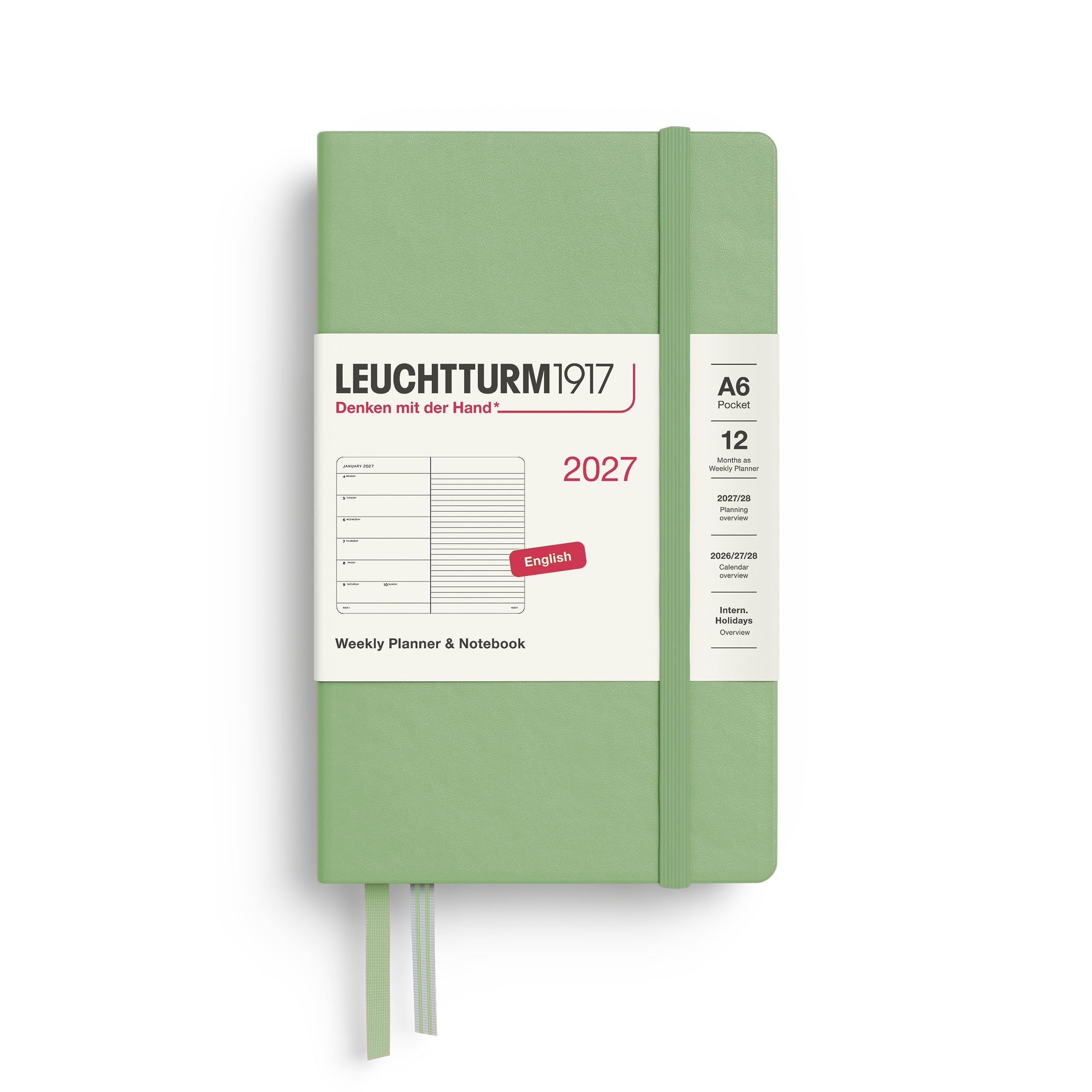 Leuchtturm1917 2027 A6 Sage Weekly Notebook diary, hardcover