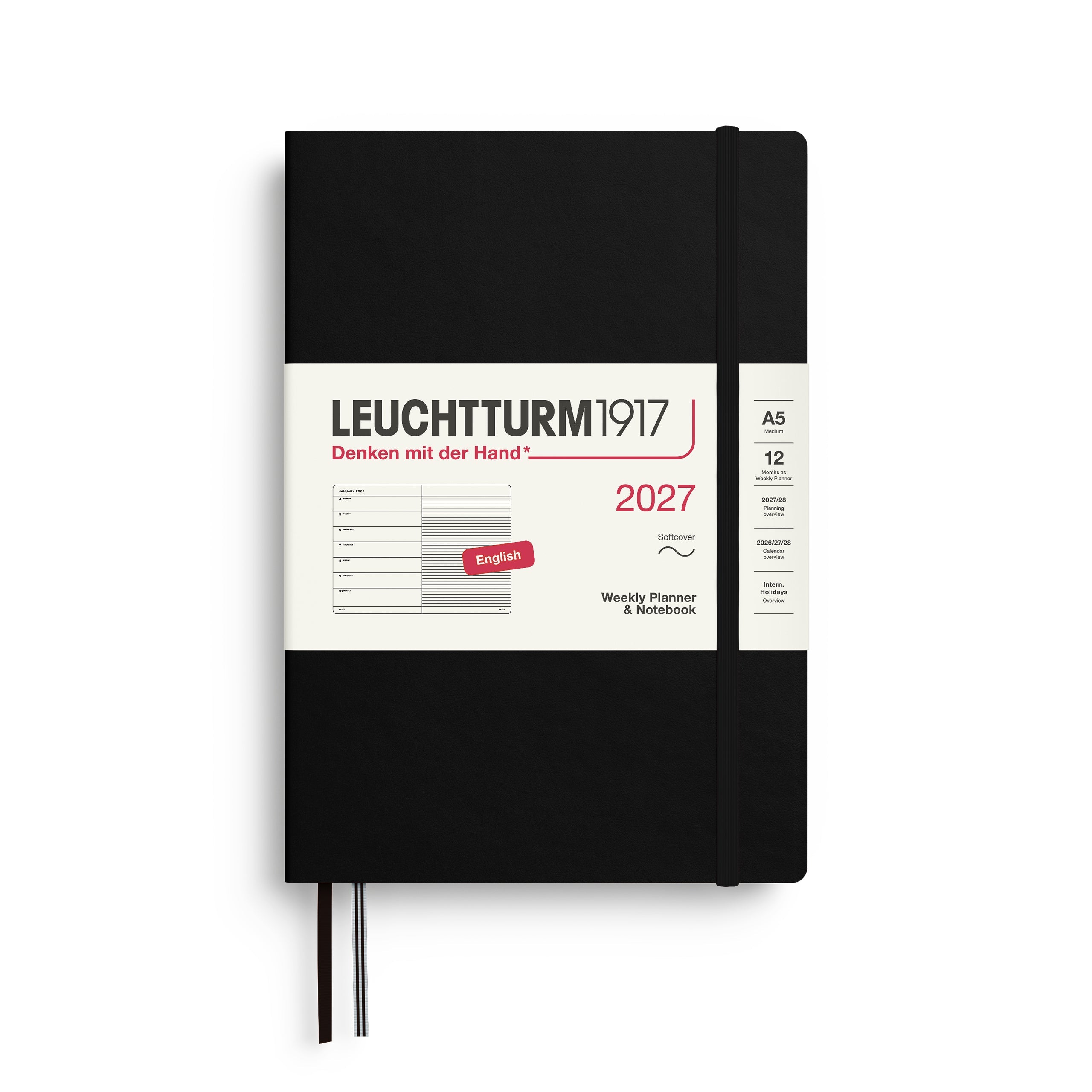 Leuchtturm1917 2027 A5 Black Weekly Notebook diary, softcover
