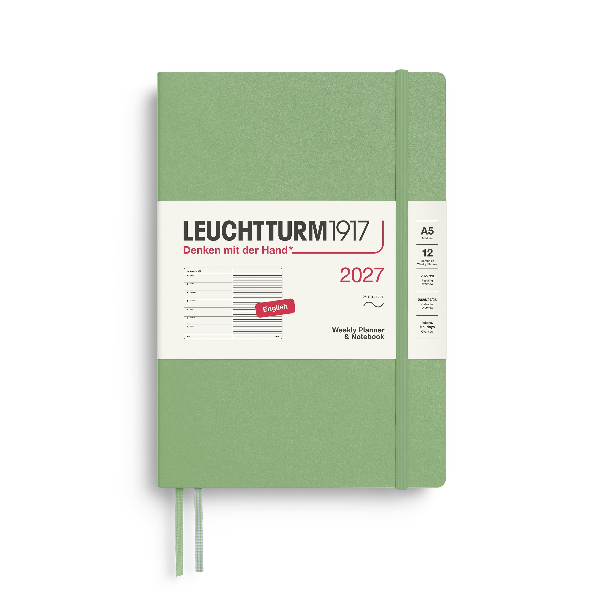 Leuchtturm1917 2027 A5 Sage Weekly Notebook diary, softcover