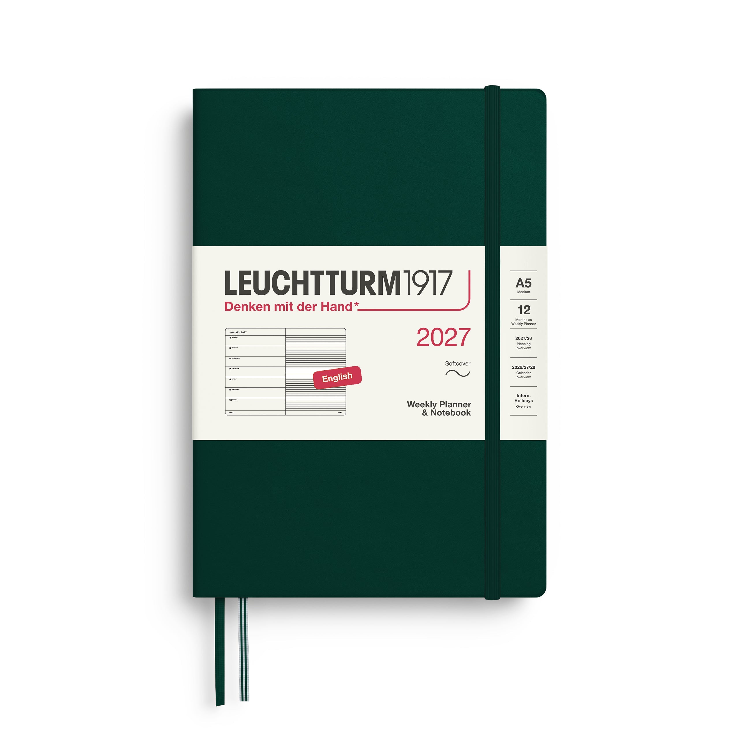 Leuchtturm1917 2027 A5 Forest Green Weekly Notebook diary, softcover