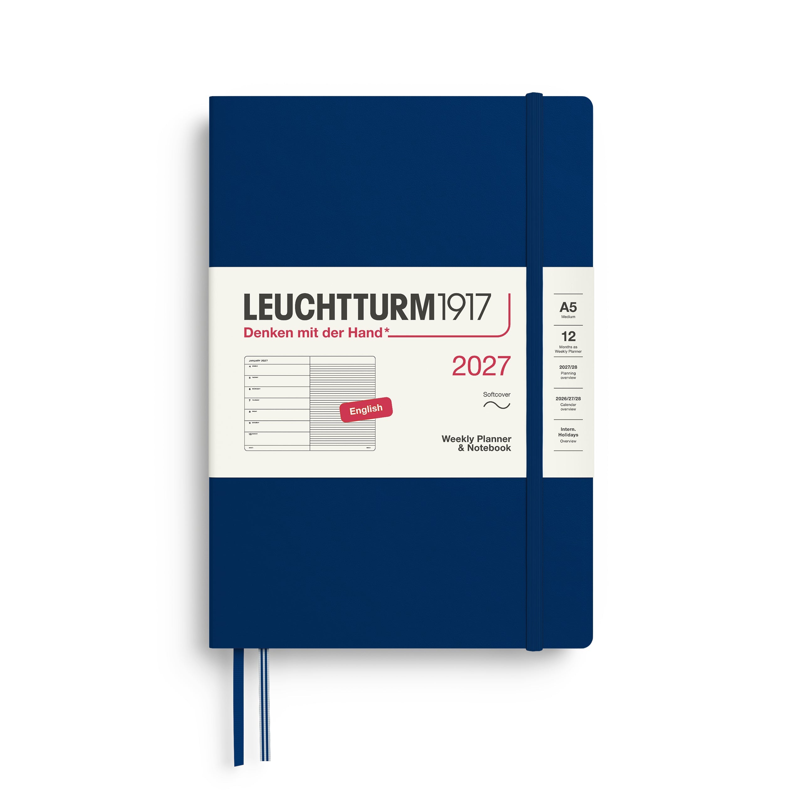 Leuchtturm1917 2027 A5 Navy Weekly Notebook diary, softcover