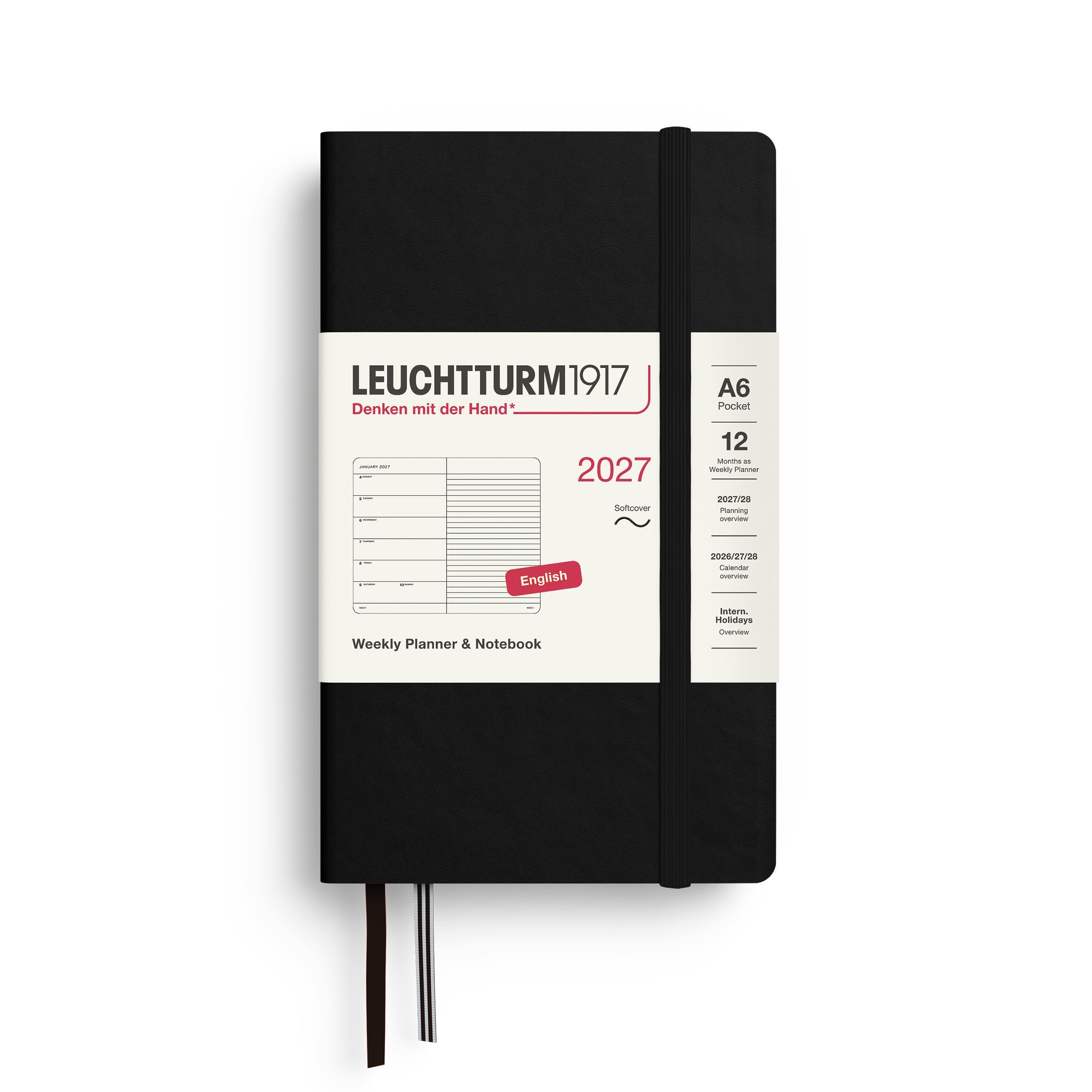Leuchtturm1917 2027 A6 Black Weekly Notebook diary, softcover