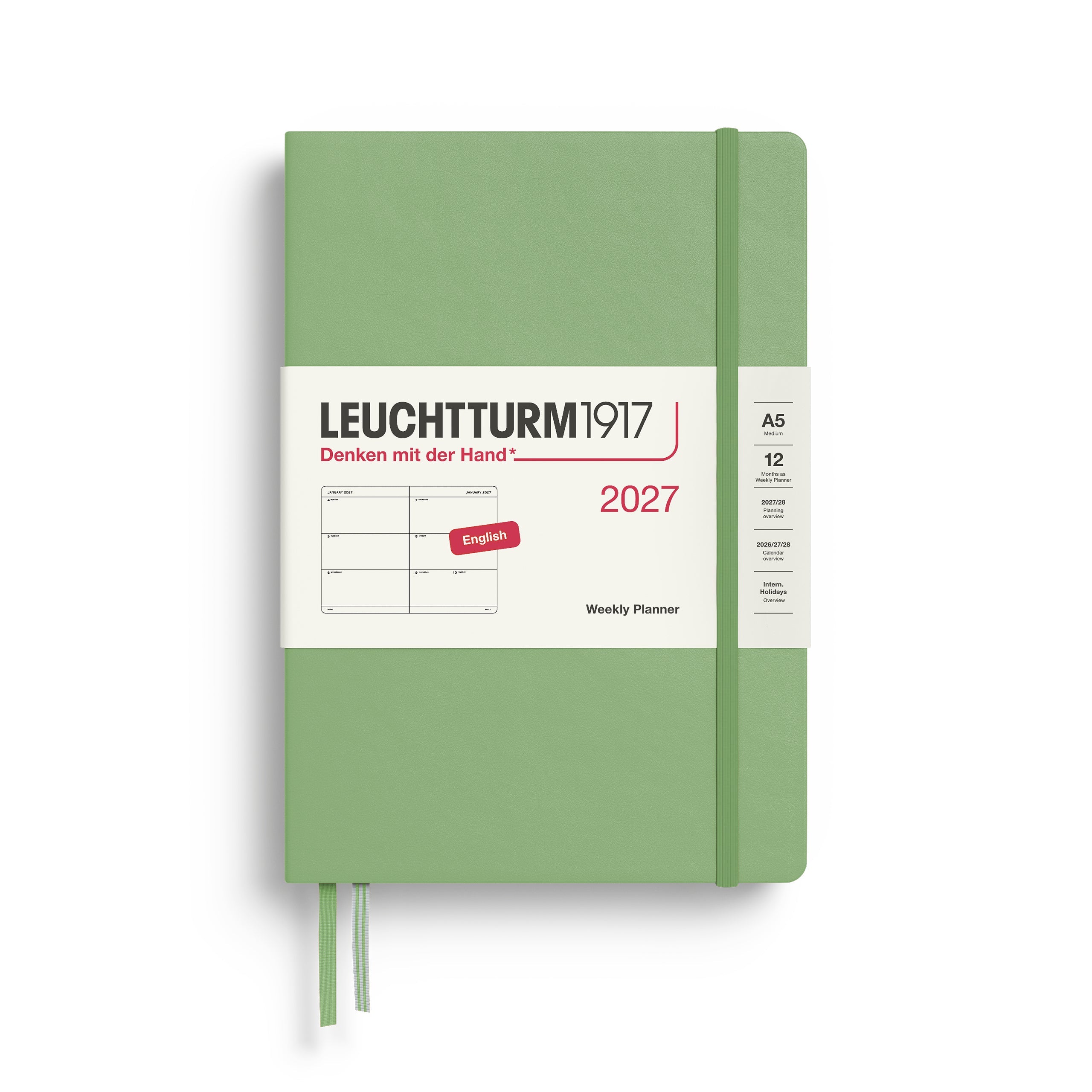 Leuchtturm1917 2027 A5 Sage Weekly Planner diary, hardcover