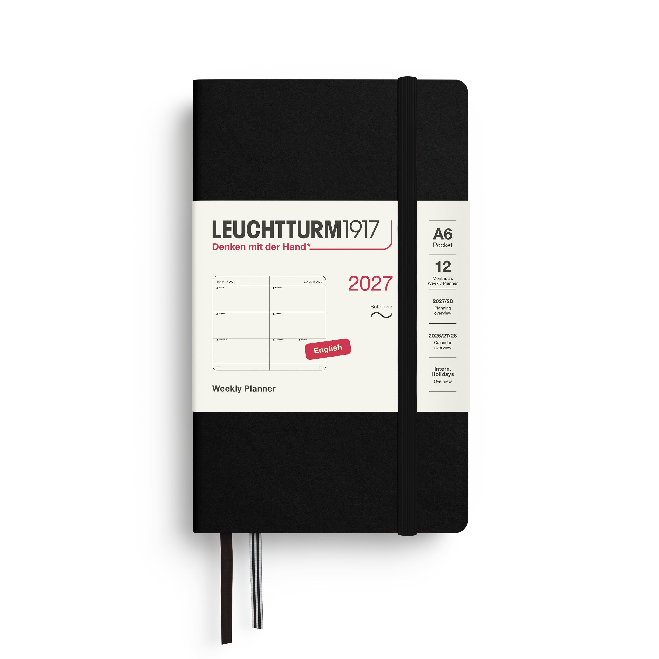 Leuchtturm1917 2027 A6 Black Weekly Planner diary, softcover