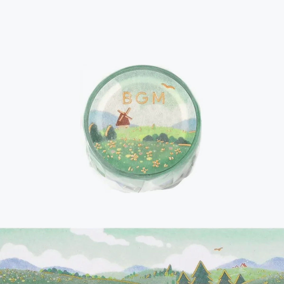 BGM washi tape with green fields and windmills