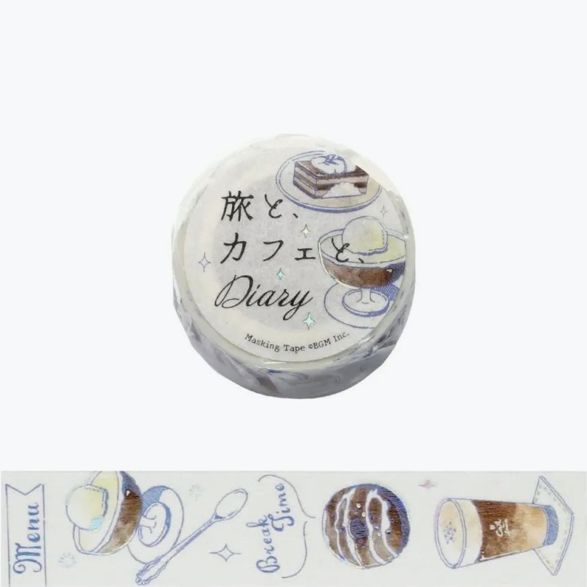 BGM washi tape with blue and brown toned desserts and drinks