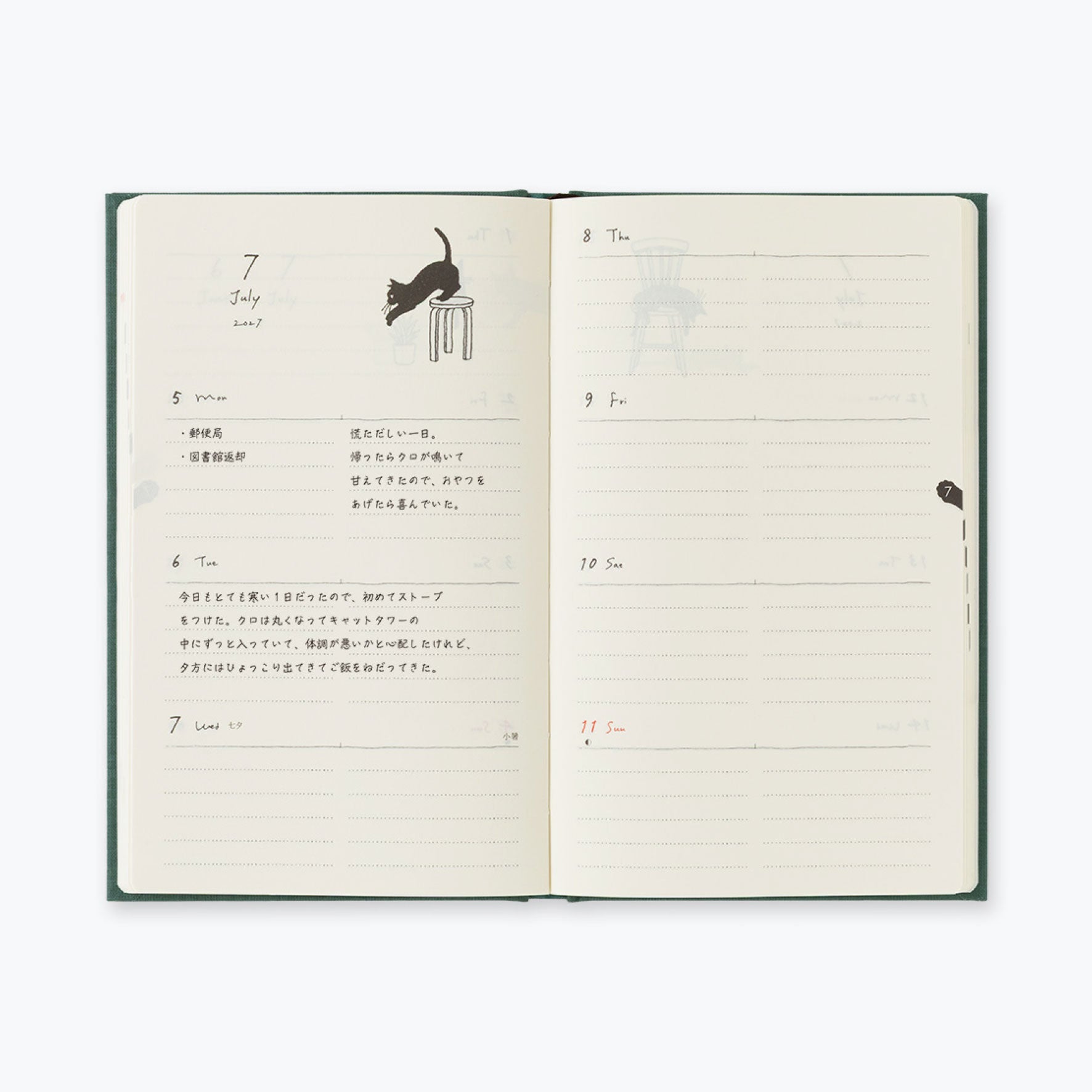 Midori - 2027 Diary - Book Style - B6 - Cats Green