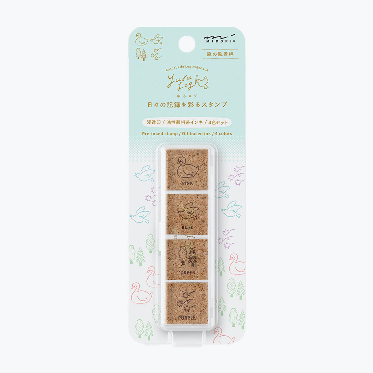 Midori Yuru Log pre-inked stamp with forest designs
