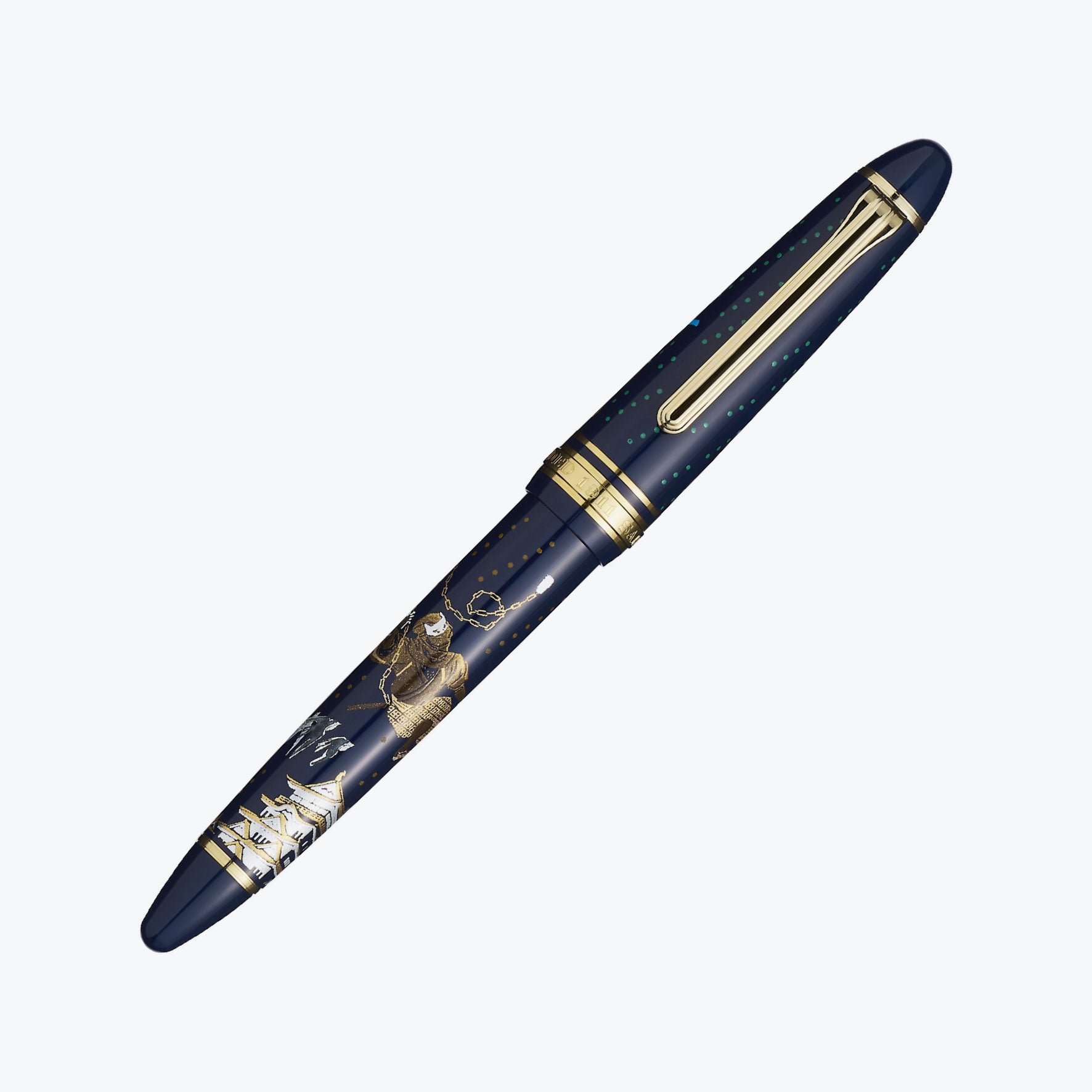 Sailor 1911 Ninja #2 series fountain pen in midnight blue with golden accents and chain-sickle maki-e decoration