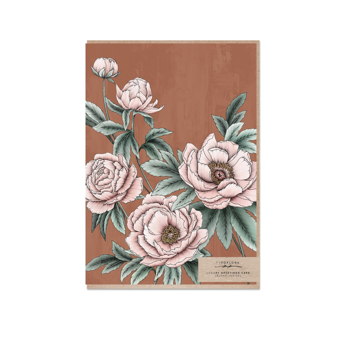Typoflora card with peony illustration on a rust red background