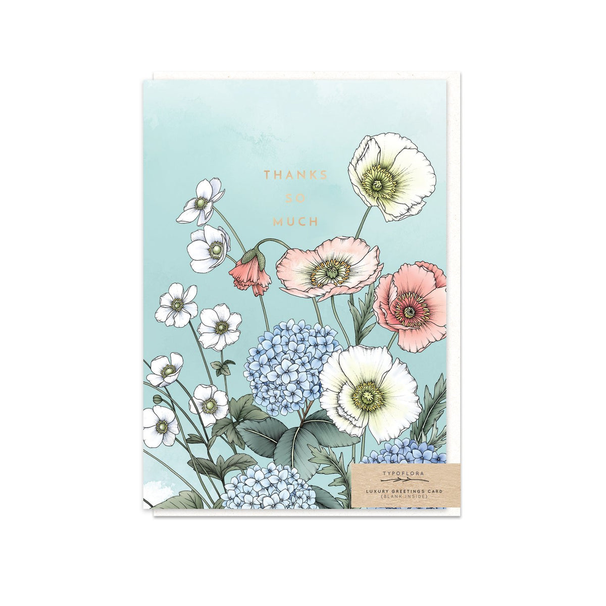 Pale blue typoflora card with flowers and a 'Thanks so much' message