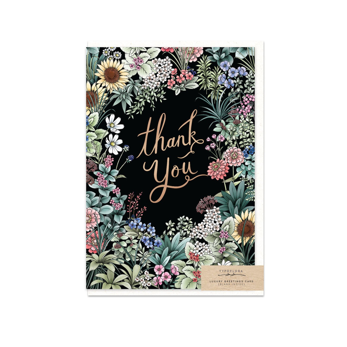 Black Typoflora card with field flowers and 'Thank you' message