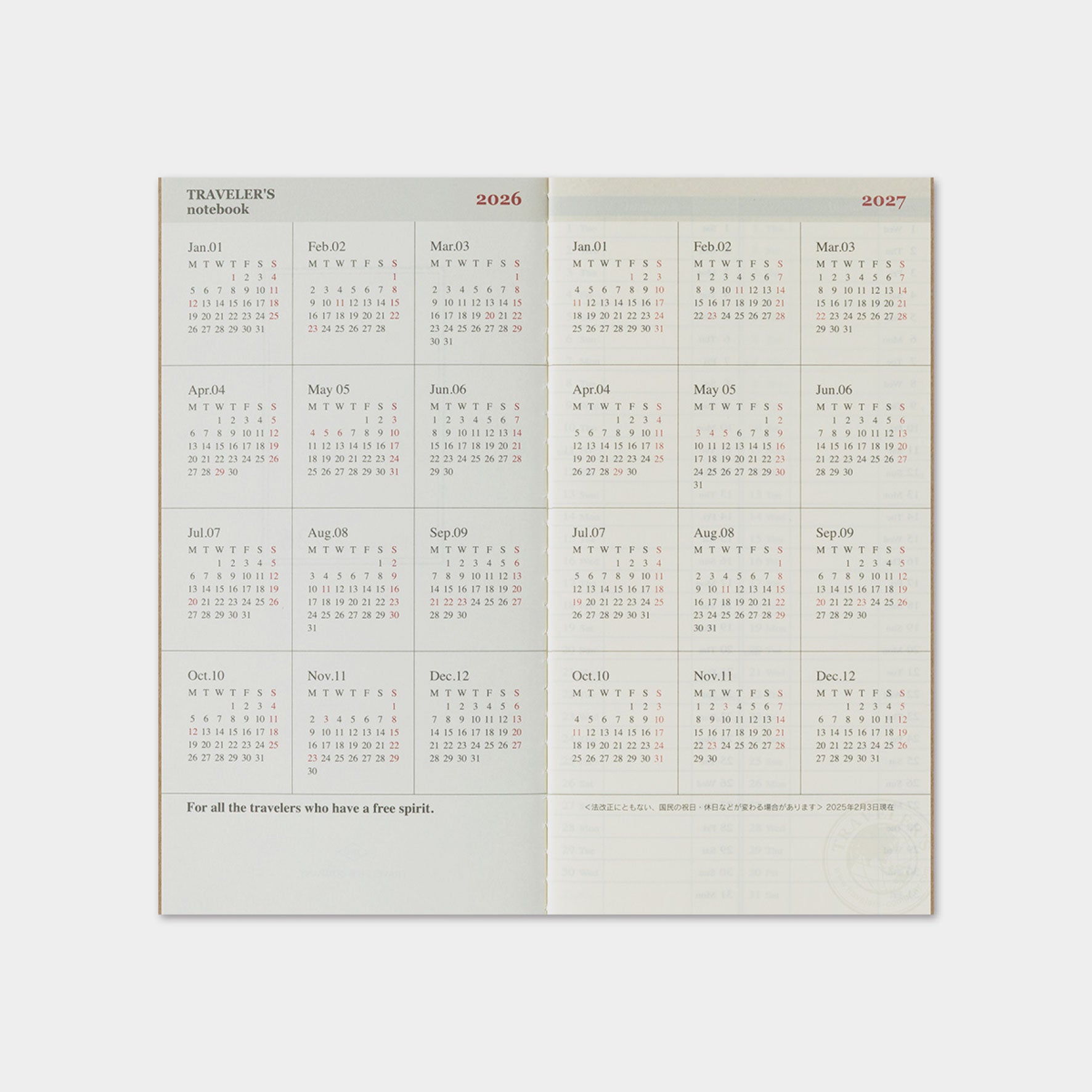 Traveler's Company - 2026 Diary - 6 Month Insert - Regular - Weekly Vertical (Jul - Dec)