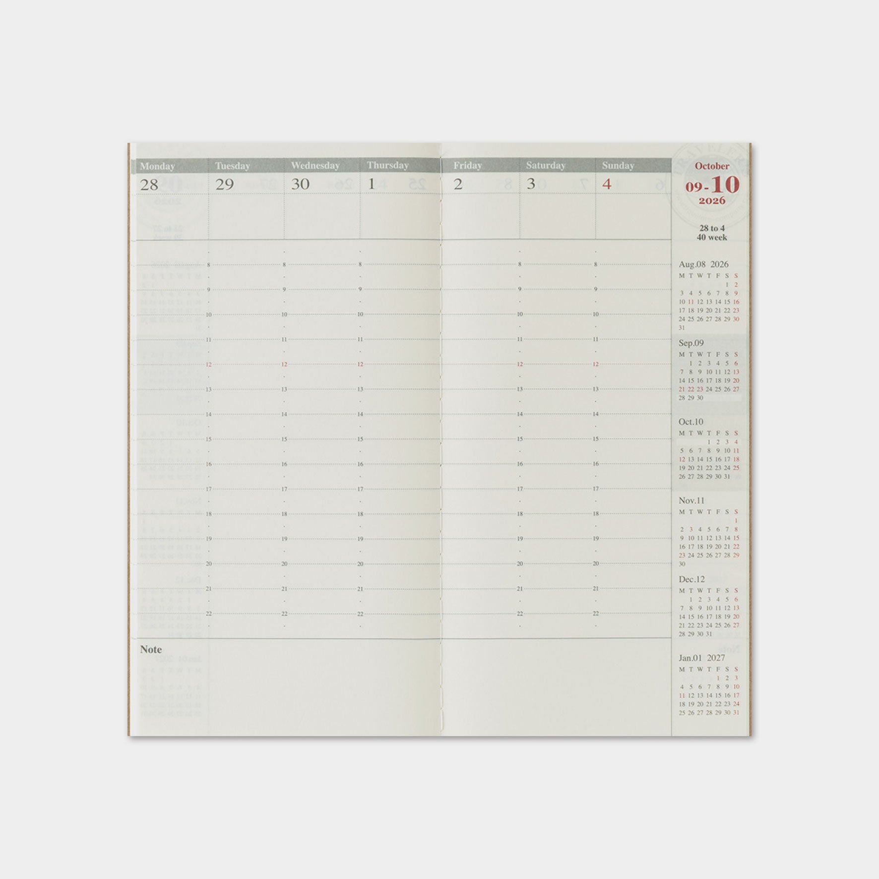 Traveler's Company - 2026 Diary - 6 Month Insert - Regular - Weekly Vertical (Jul - Dec)