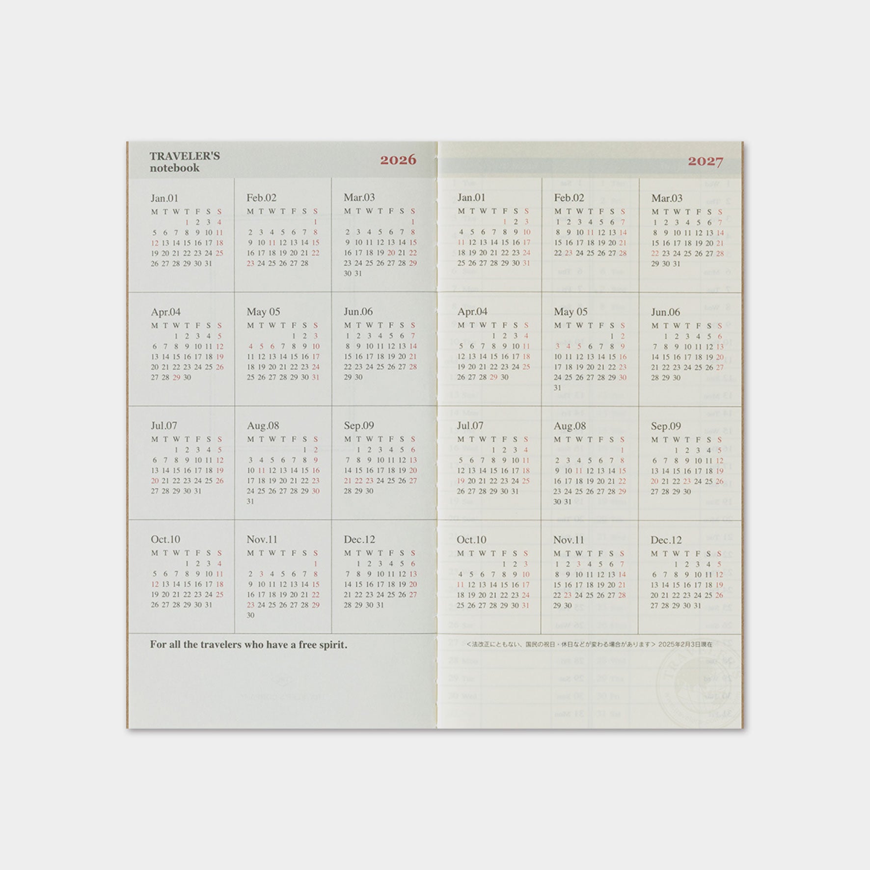 Traveler's Company - 2026 Diary - 6 Month Insert - Regular - Weekly+Memo (Jul - Dec)